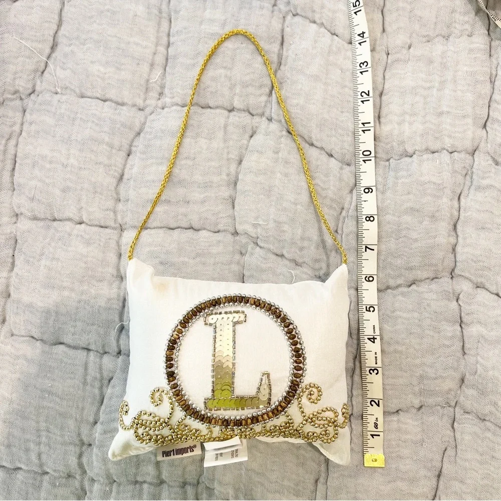 Pier 1 Imports “L” Gold Monogram Sequined Beaded Door Knocker Pillow Decor Hang
